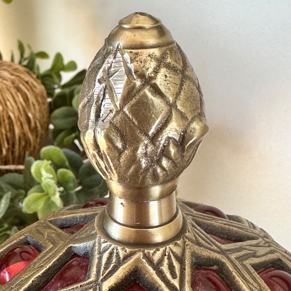 Vintage Lacquered Brass and Red Blown Glass Compote Jar with Ornate Lid - Picture 4 of 5